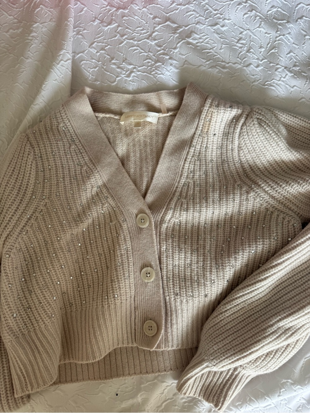LoveShackFancy Cream Ribbed V-Neck Cardigan with Rhinestone Crystal Detail